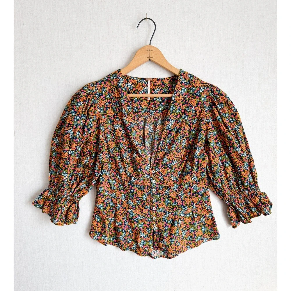 Free People I Found You‎ Floral Puff Sleeve Blouse Navy Orange Small S/P